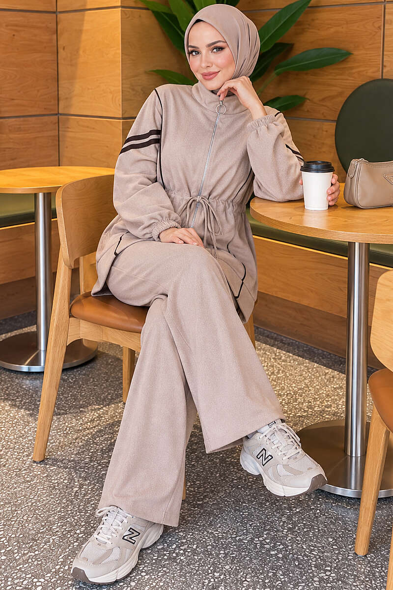 Zip-Up Two-Piece Set with Stripe Trim - Beige