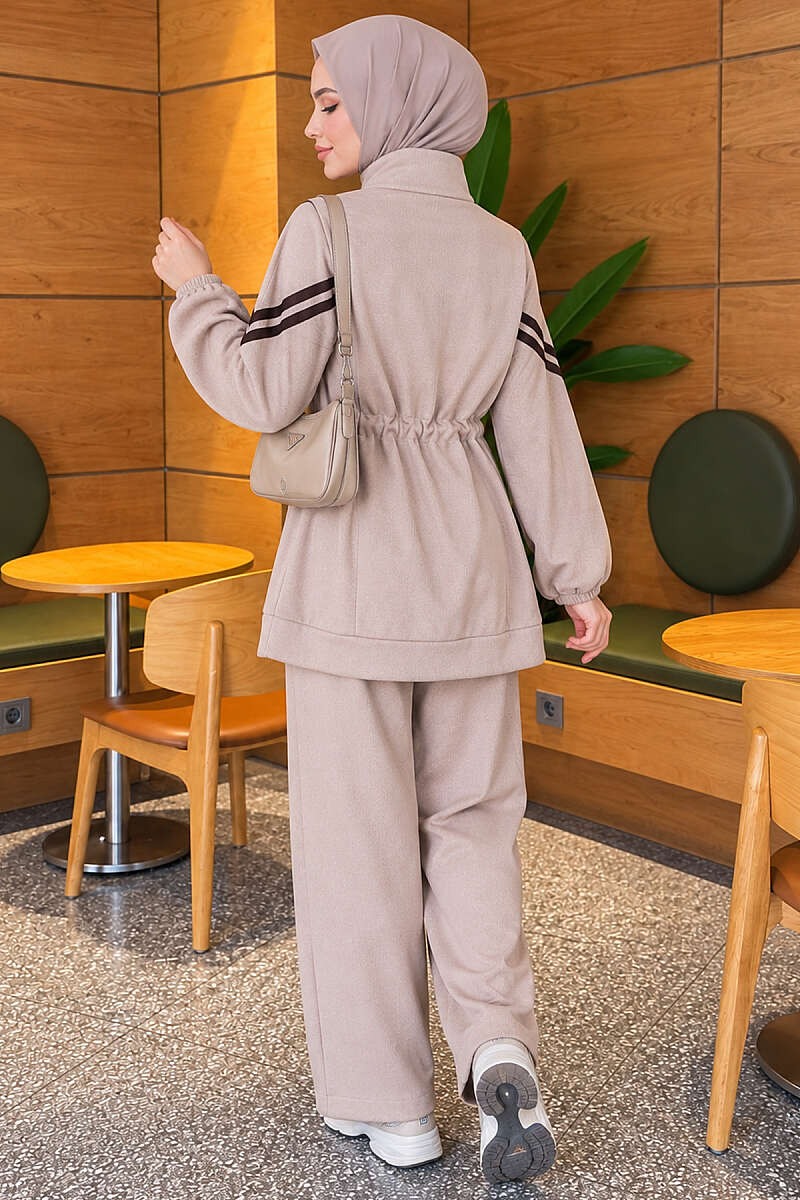 Zip-Up Two-Piece Set with Stripe Trim - Beige