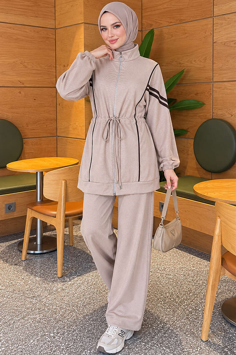 Zip-Up Two-Piece Set with Stripe Trim - Beige