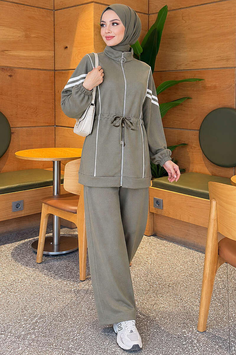 Zip-Up Two-Piece Set with Stripe Trim - Almond Green