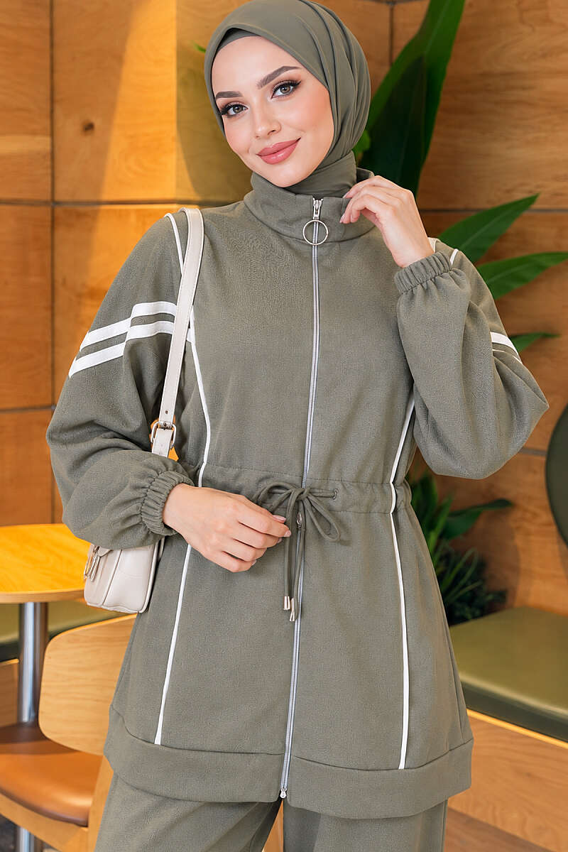 Zip-Up Two-Piece Set with Stripe Trim - Almond Green