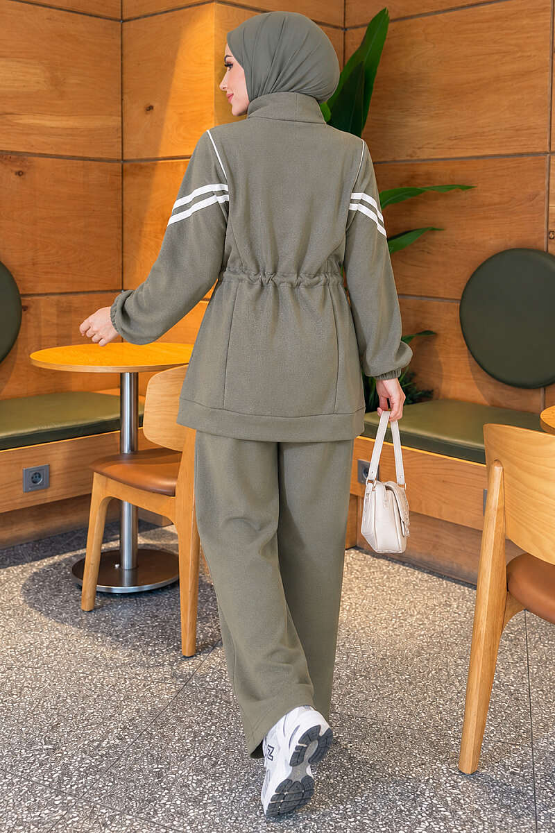 Zip-Up Two-Piece Set with Stripe Trim - Almond Green