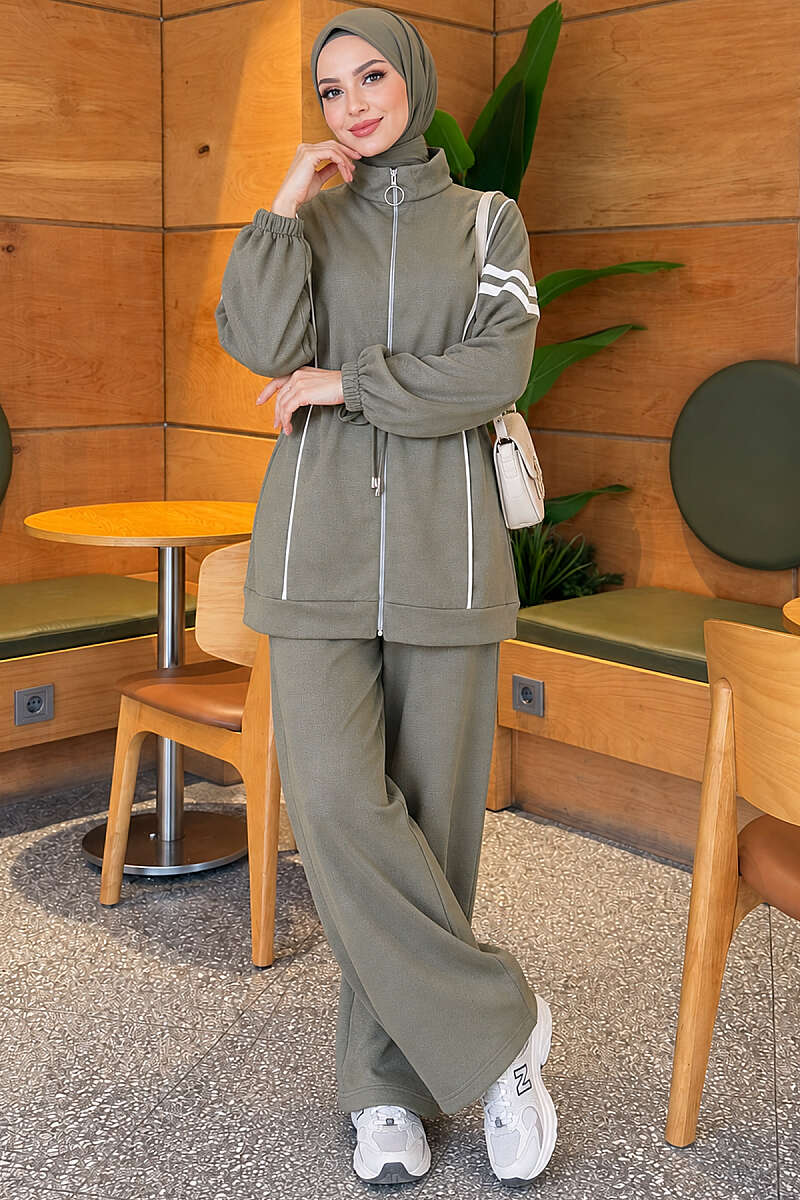Zip-Up Two-Piece Set with Stripe Trim - Almond Green