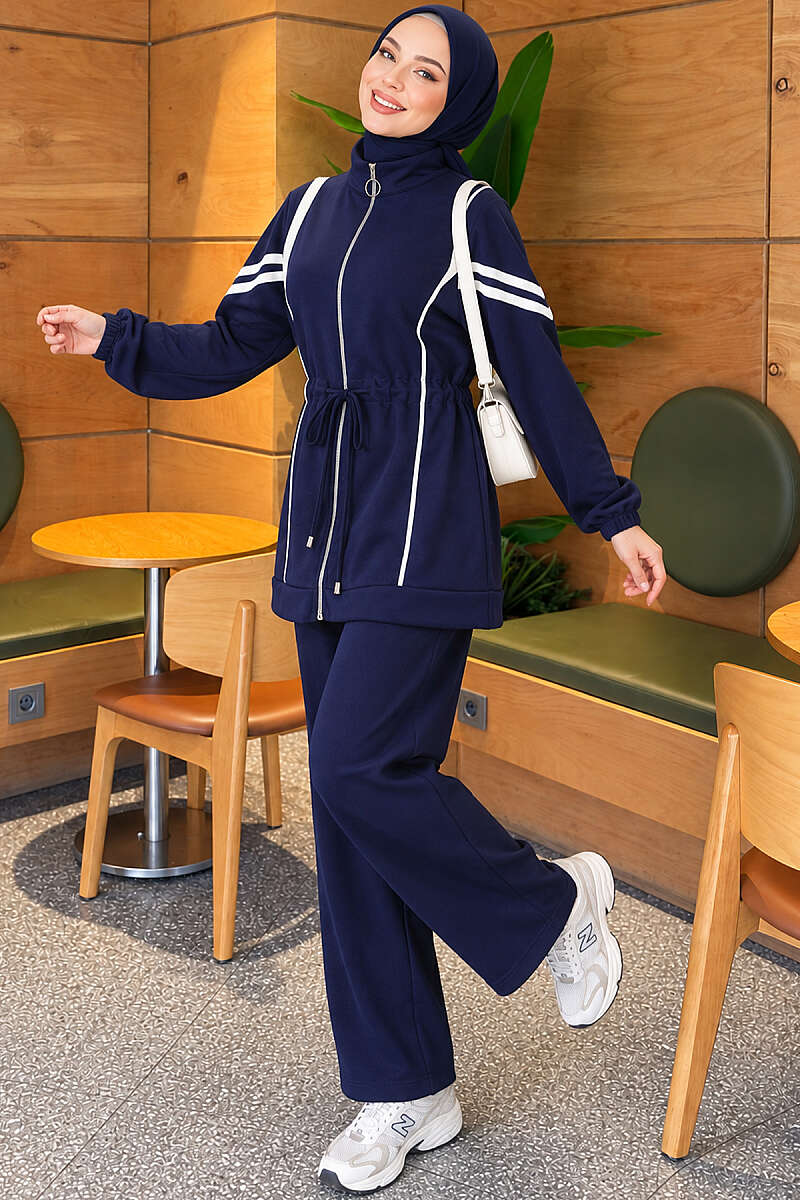 Zip-Up Two-Piece Set with Stripe Trim - Navy
