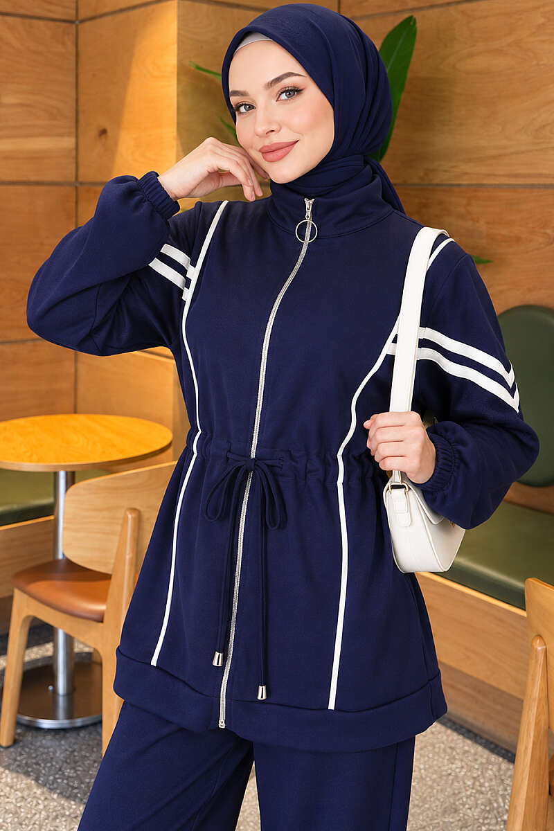 Zip-Up Two-Piece Set with Stripe Trim - Navy