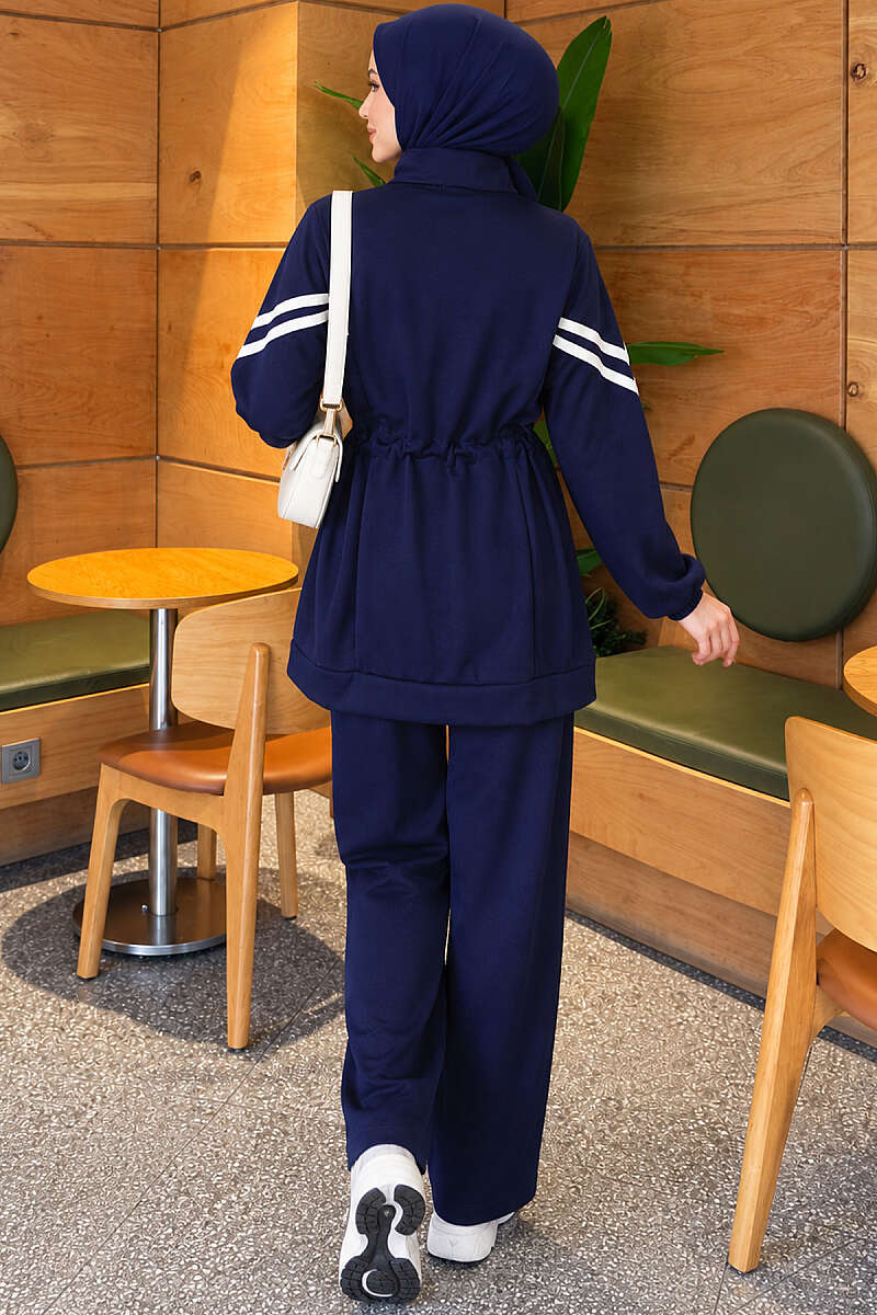 Zip-Up Two-Piece Set with Stripe Trim - Navy