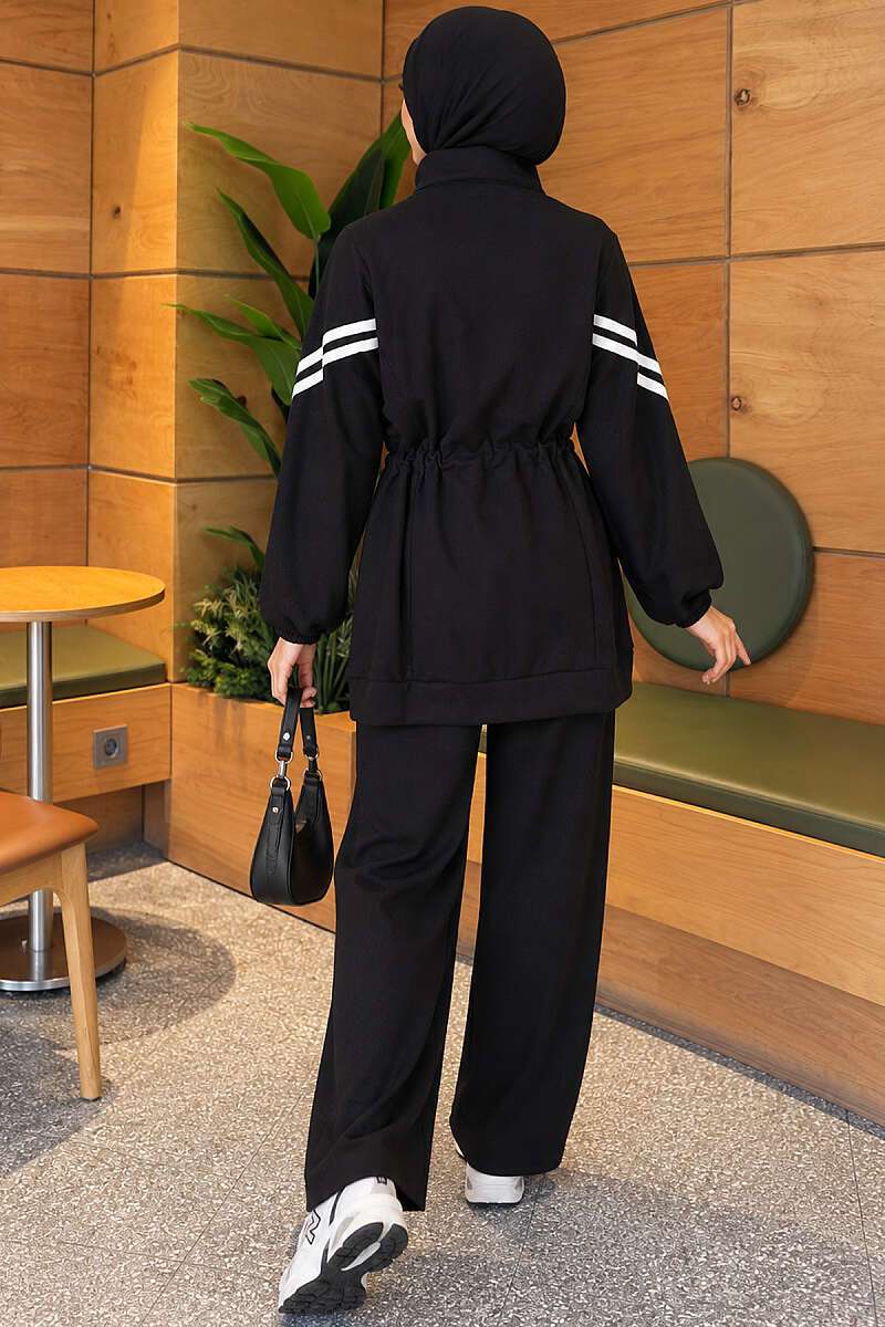 Zip-Up Two-Piece Set with Stripe Trim - Black