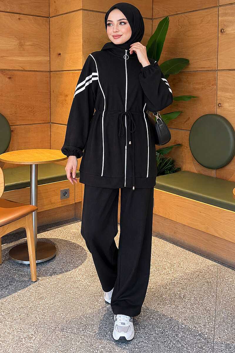 Zip-Up Two-Piece Set with Stripe Trim - Black