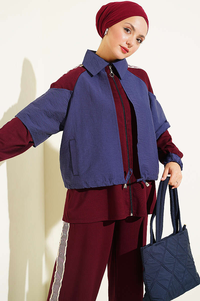 Jersey Two-Piece Set with Stripe Trim - Burgundy