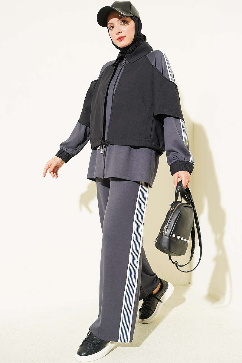 Jersey Two-Piece Set with Stripe Trim - Smoke Grey