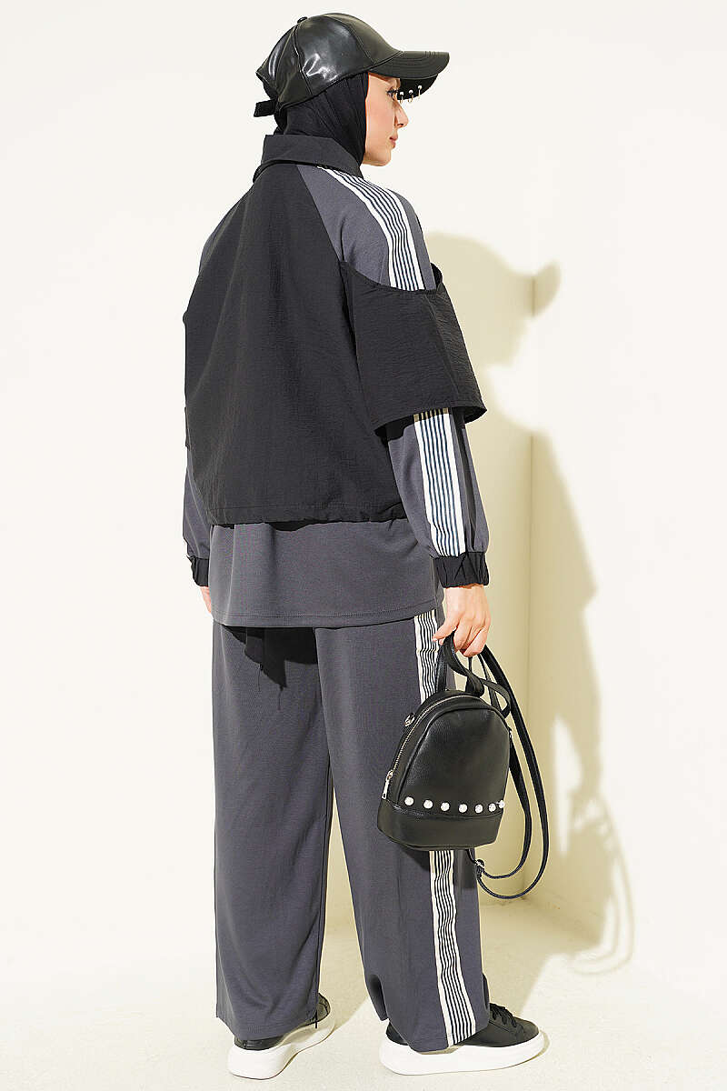Jersey Two-Piece Set with Stripe Trim - Smoke Grey