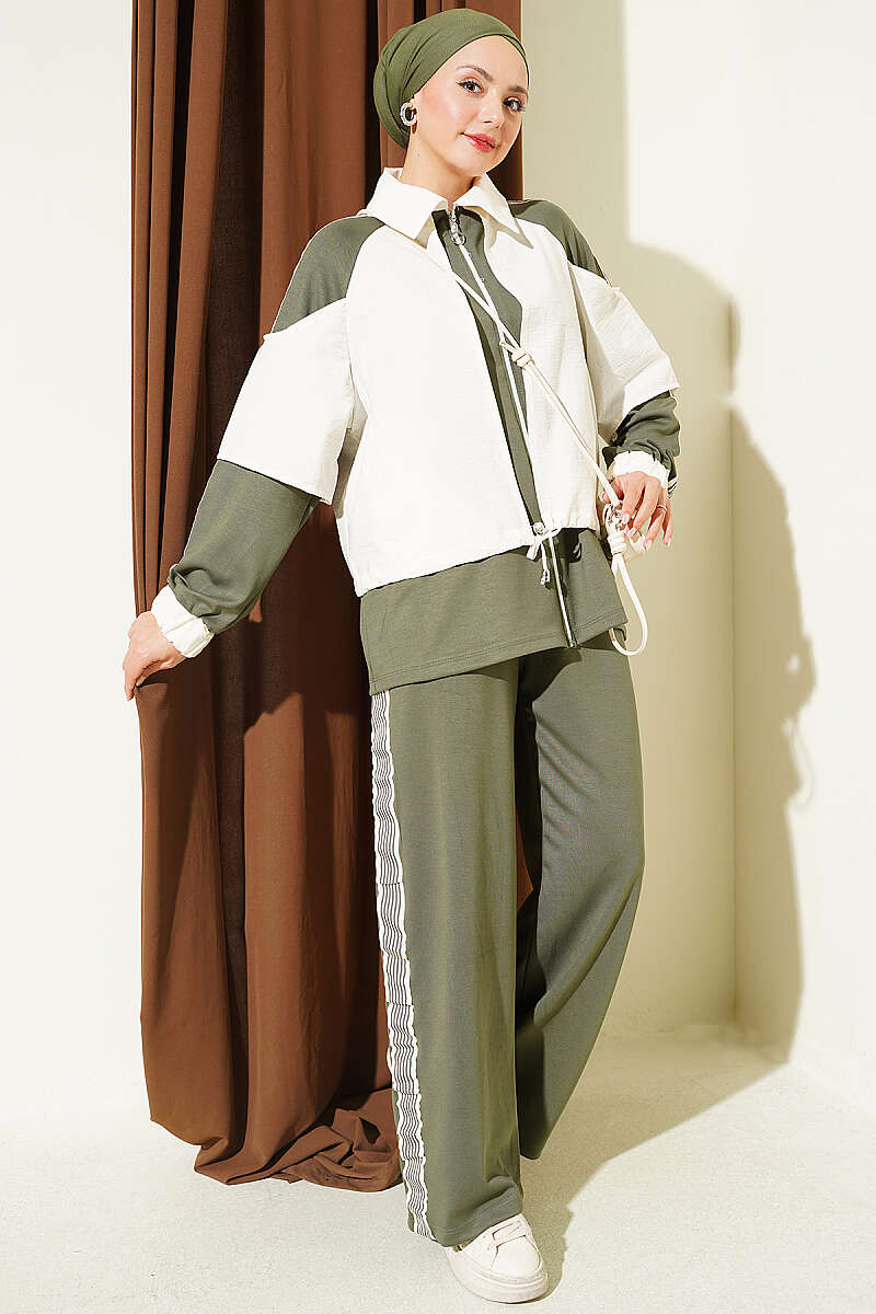 Jersey Two-Piece Set with Stripe Trim - Khaki