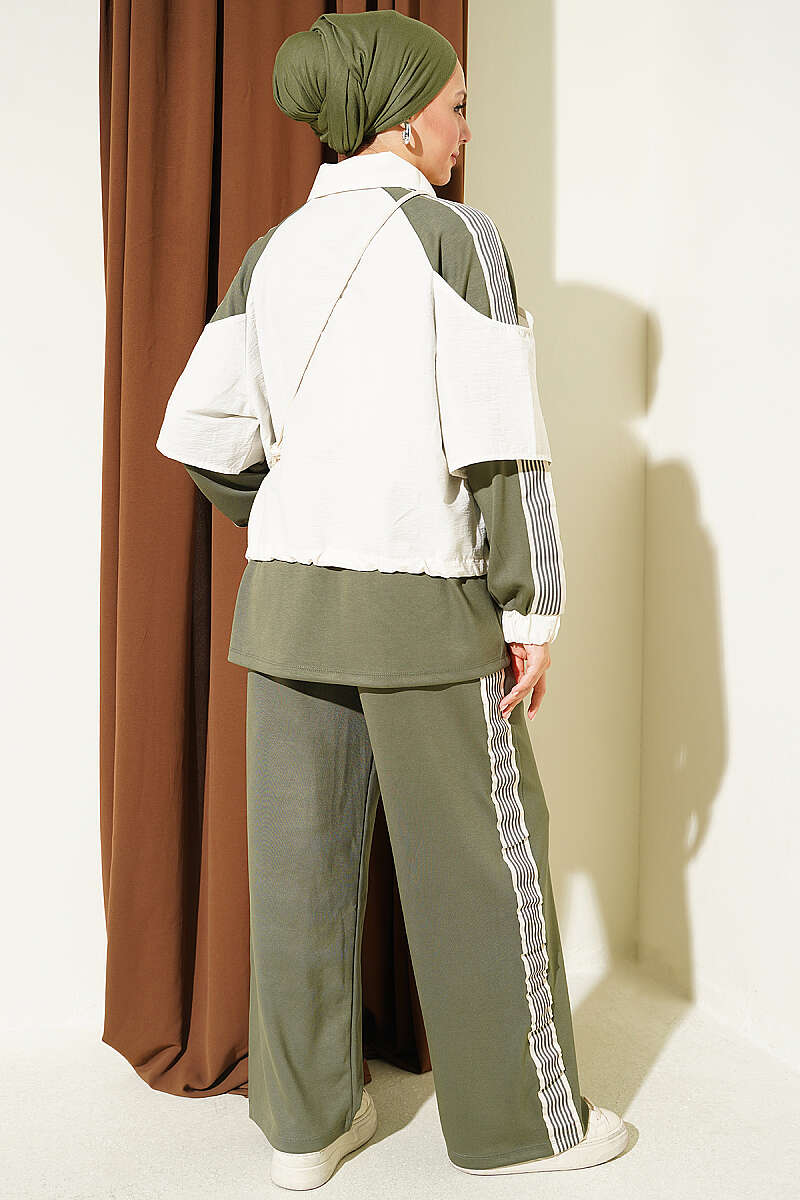 Jersey Two-Piece Set with Stripe Trim - Khaki