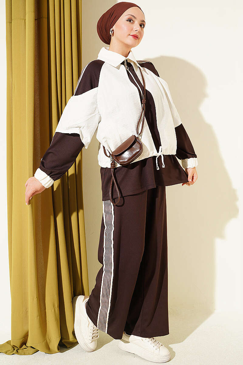Jersey Two-Piece Set with Stripe Trim - Brown