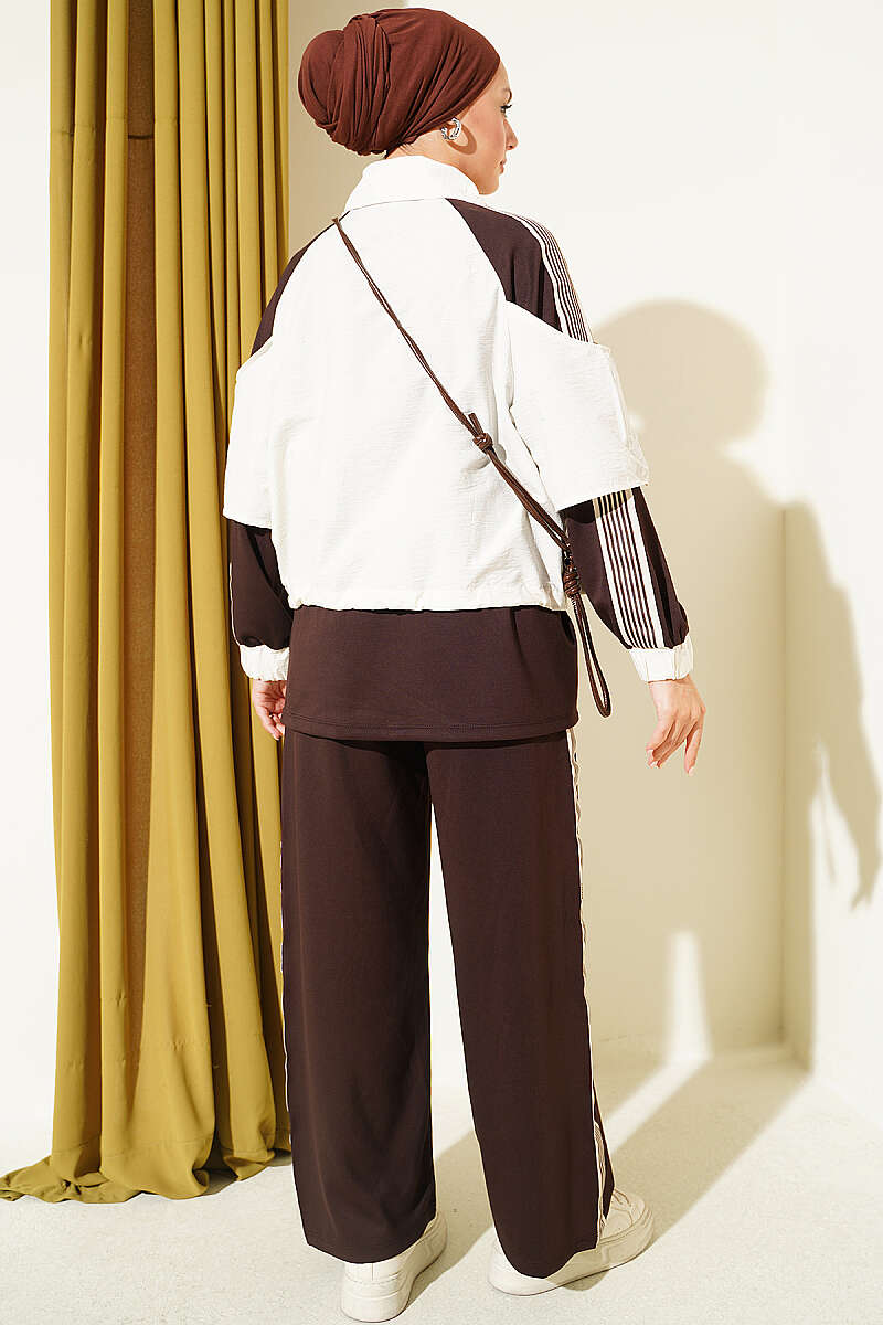 Jersey Two-Piece Set with Stripe Trim - Brown