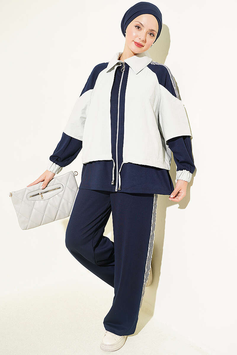 Jersey Two-Piece Set with Stripe Trim - Navy