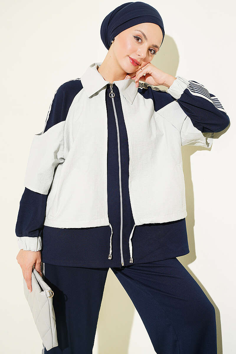 Jersey Two-Piece Set with Stripe Trim - Navy