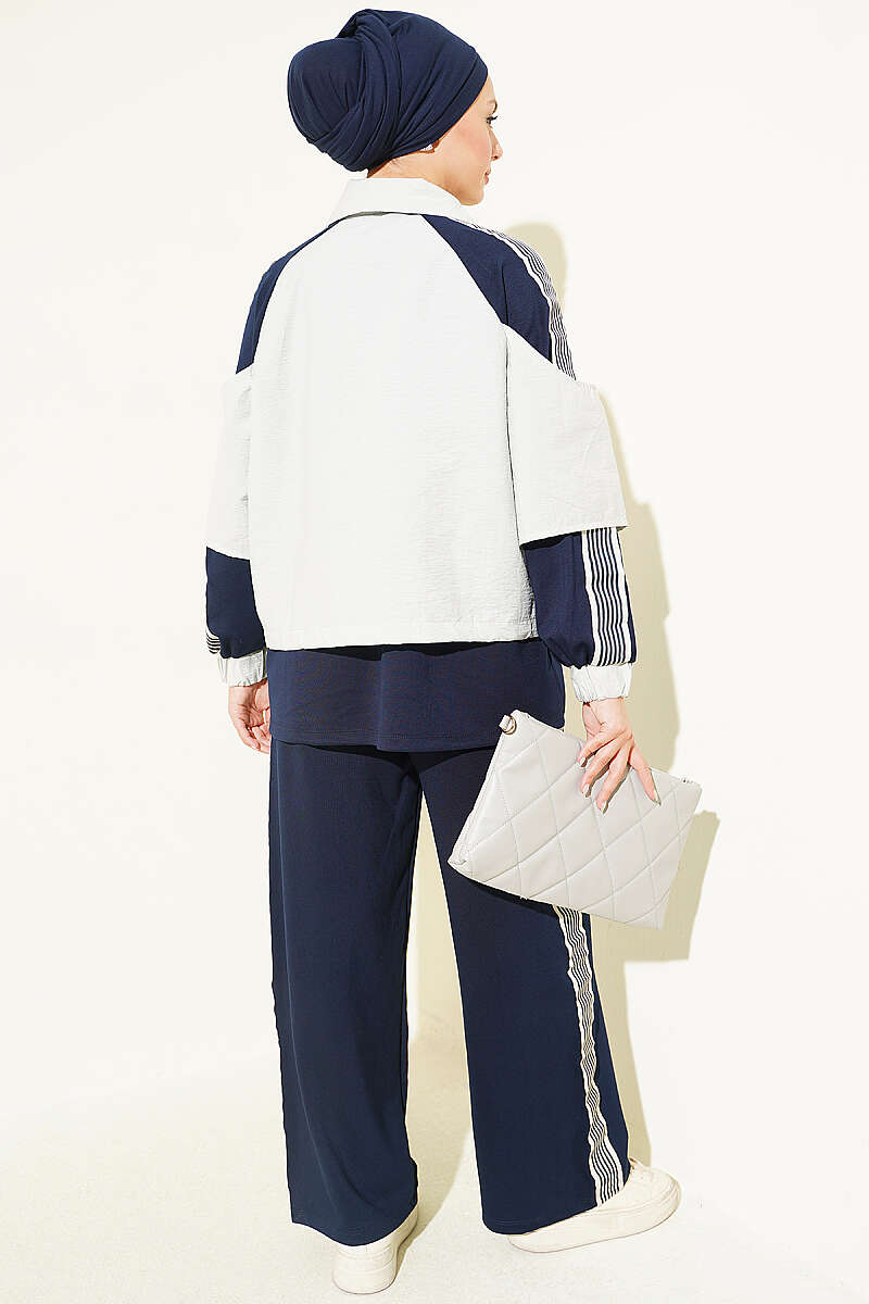 Jersey Two-Piece Set with Stripe Trim - Navy