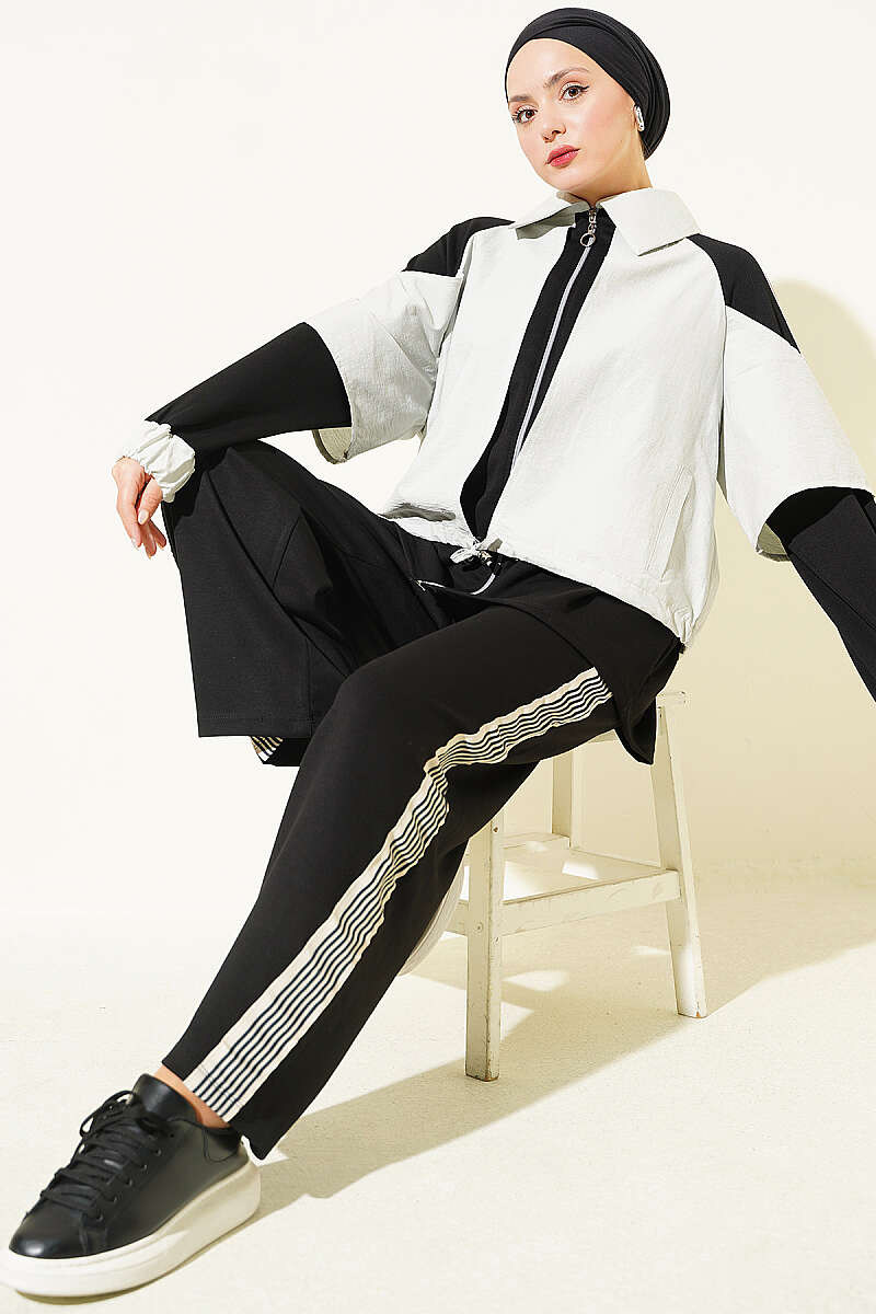 Jersey Two-Piece Set with Stripe Trim - Black