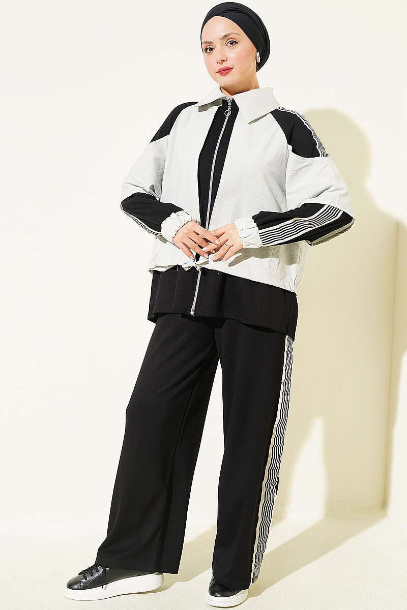 Jersey Two-Piece Set with Stripe Trim - Black