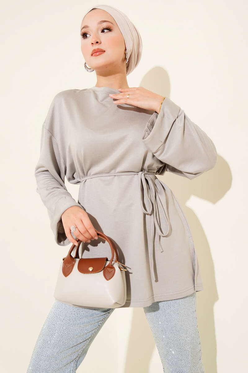 Belted Loycha Tunic with Side Slits - Grey