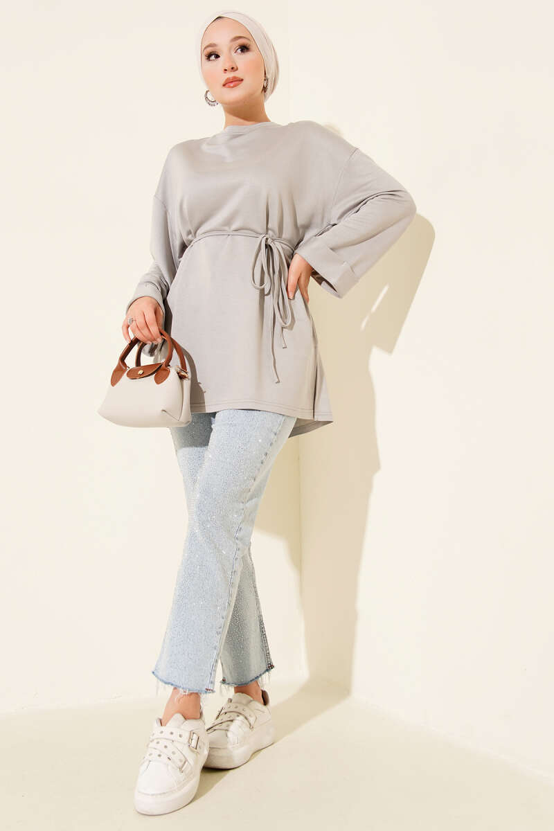 Belted Loycha Tunic with Side Slits - Grey
