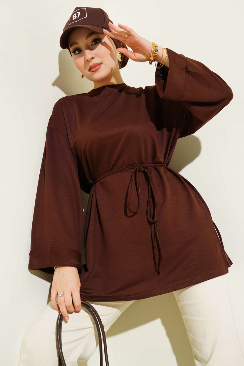 Belted Loycha Tunic with Side Slits - Brown