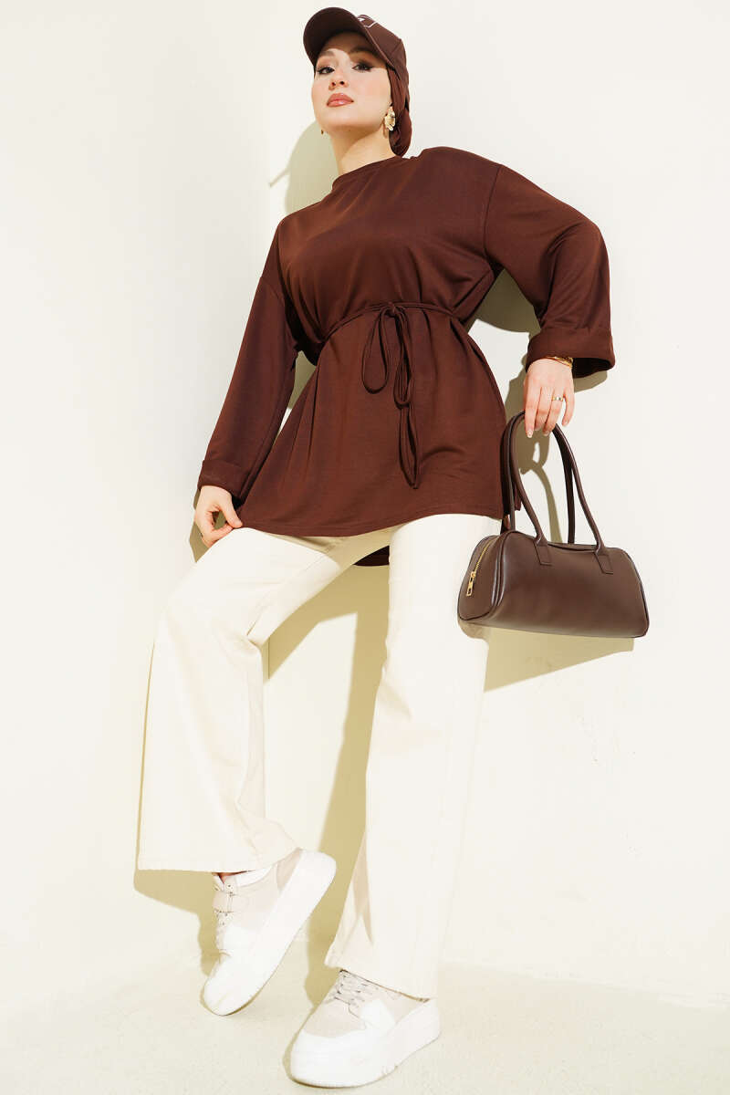 Belted Loycha Tunic with Side Slits - Brown