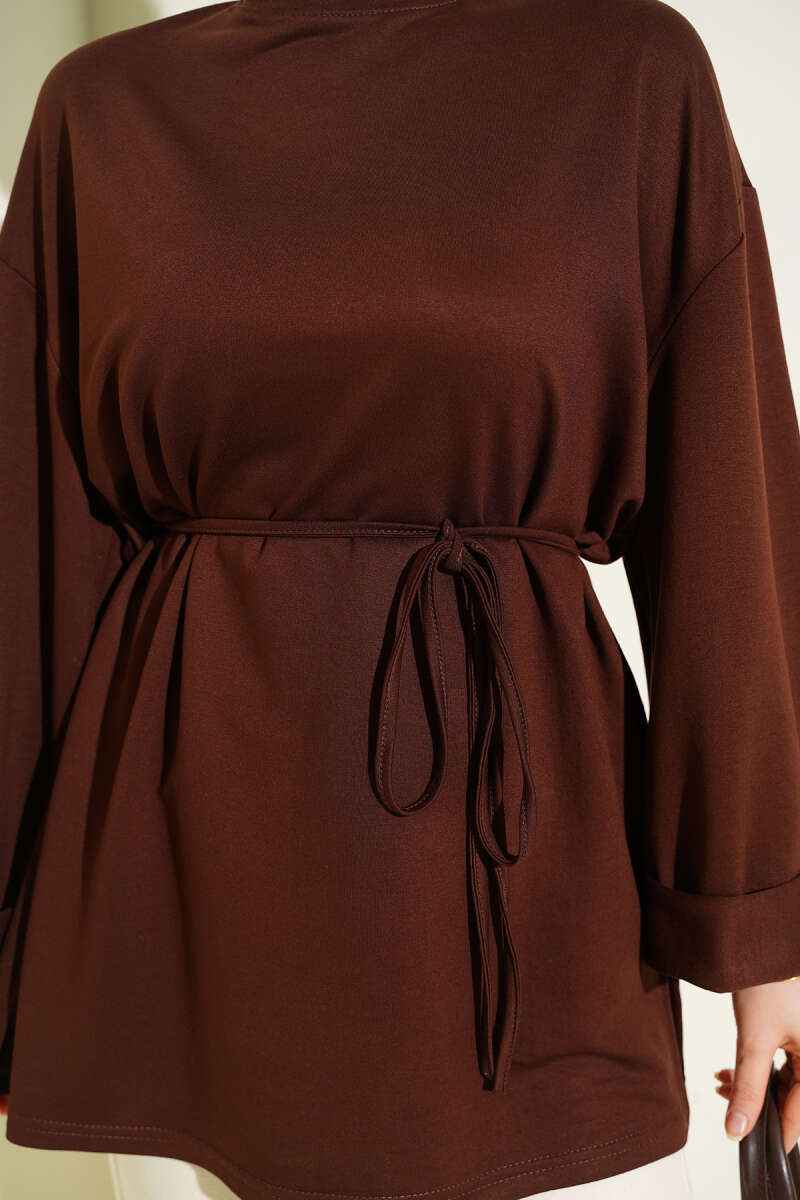 Belted Loycha Tunic with Side Slits - Brown