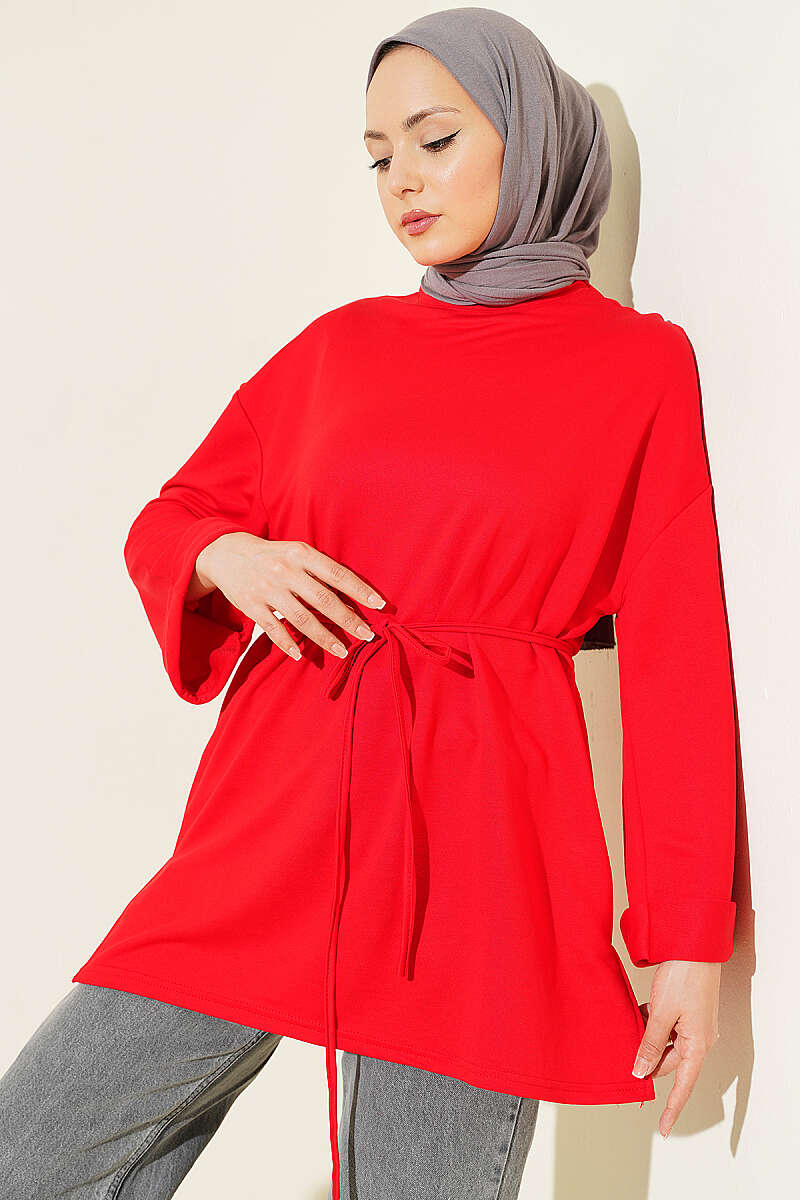 Belted Loycha Tunic with Side Slits - Red