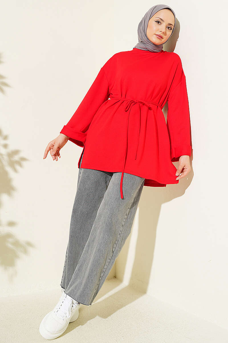 Belted Loycha Tunic with Side Slits - Red