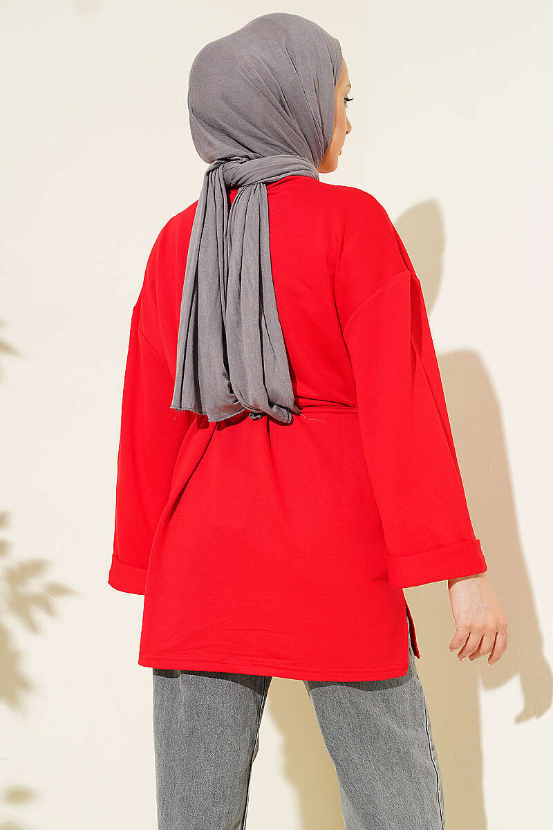 Belted Loycha Tunic with Side Slits - Red