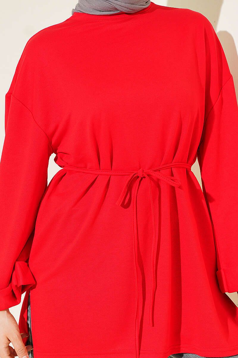Belted Loycha Tunic with Side Slits - Red