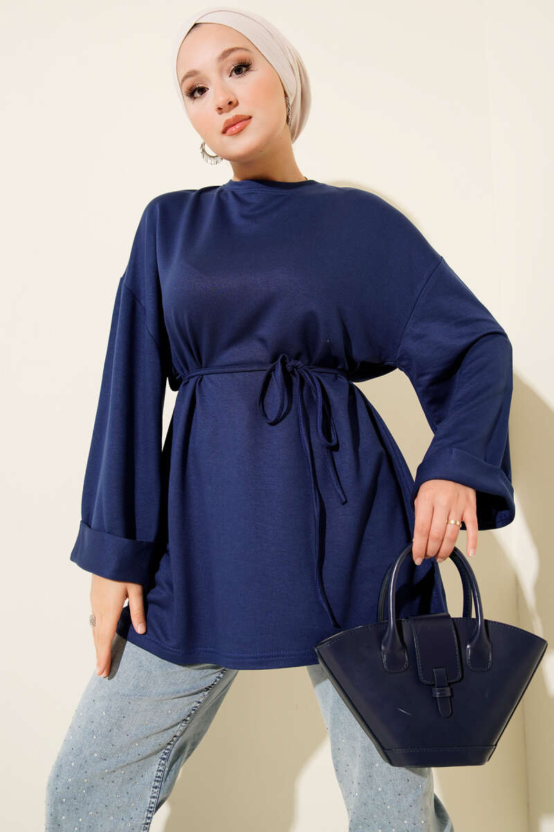 Belted Loycha Tunic with Side Slits - Navy