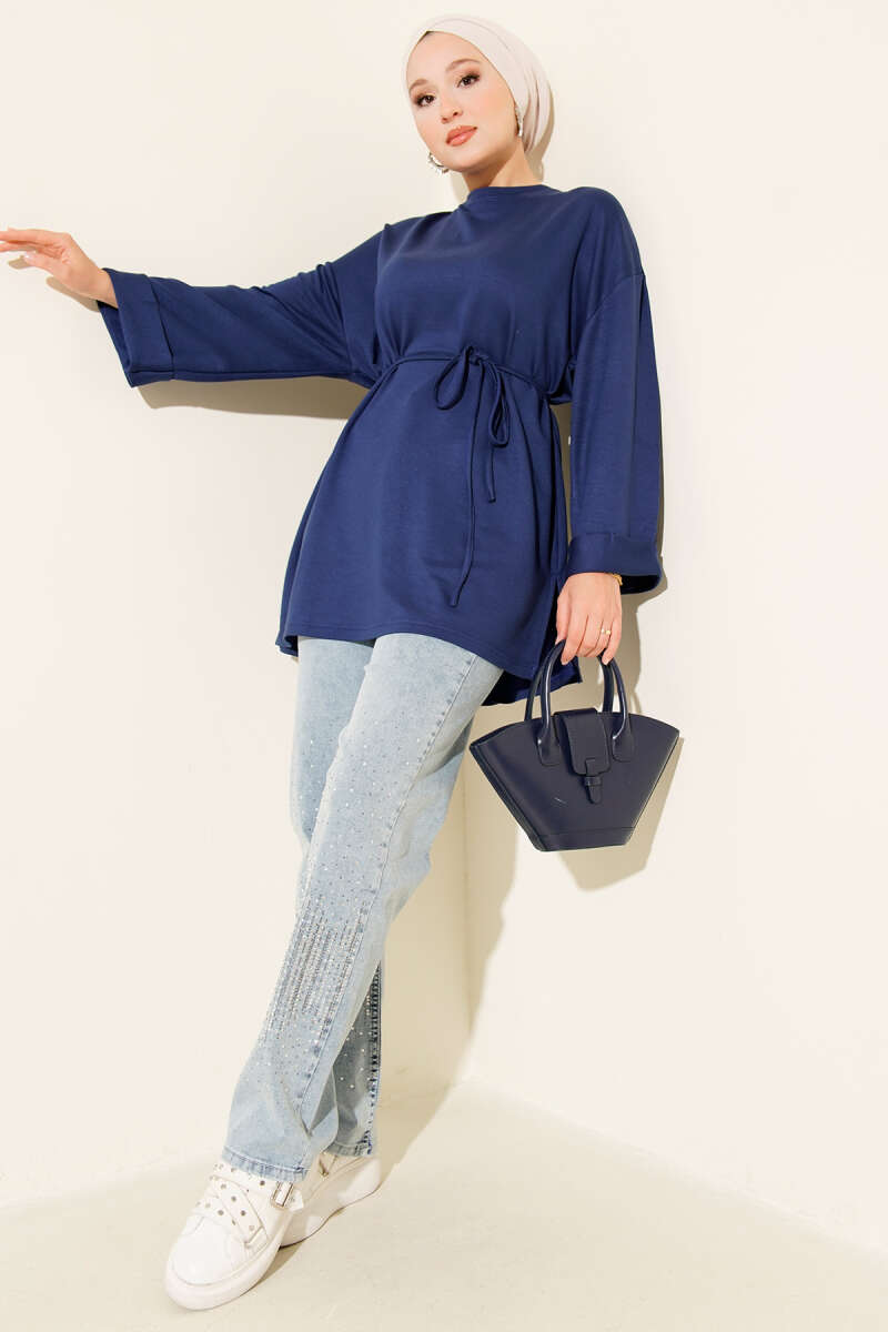 Belted Loycha Tunic with Side Slits - Navy
