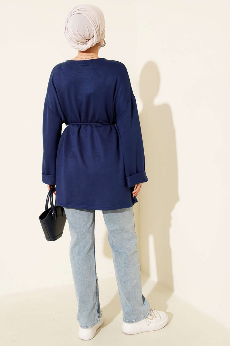 Belted Loycha Tunic with Side Slits - Navy