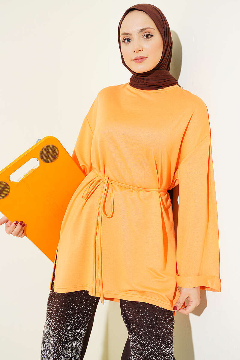 Belted Loycha Tunic with Side Slits - Orange