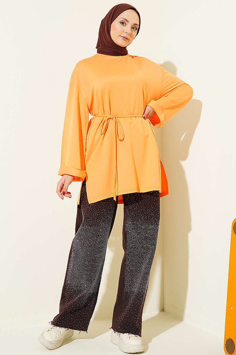 Belted Loycha Tunic with Side Slits - Orange
