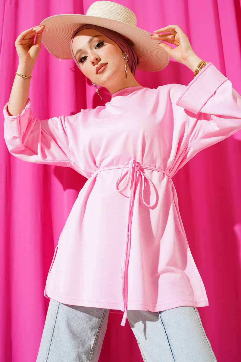 Belted Loycha Tunic with Side Slits - Pink