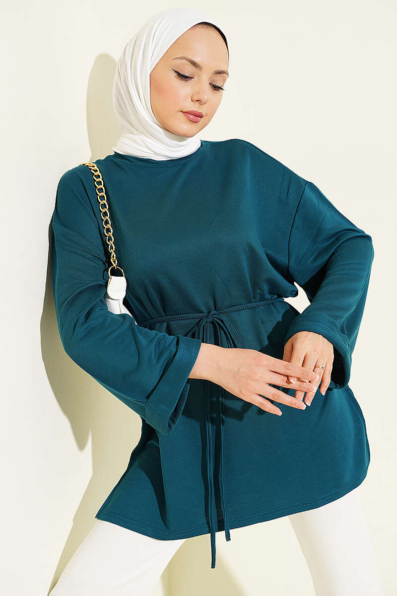 Belted Loycha Tunic with Side Slits - Teal