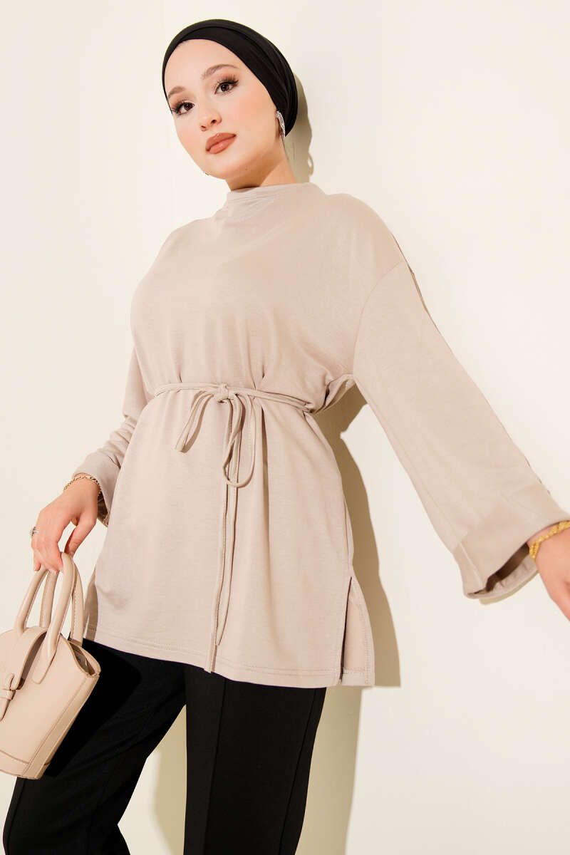 Belted Loycha Tunic with Side Slits - Stone