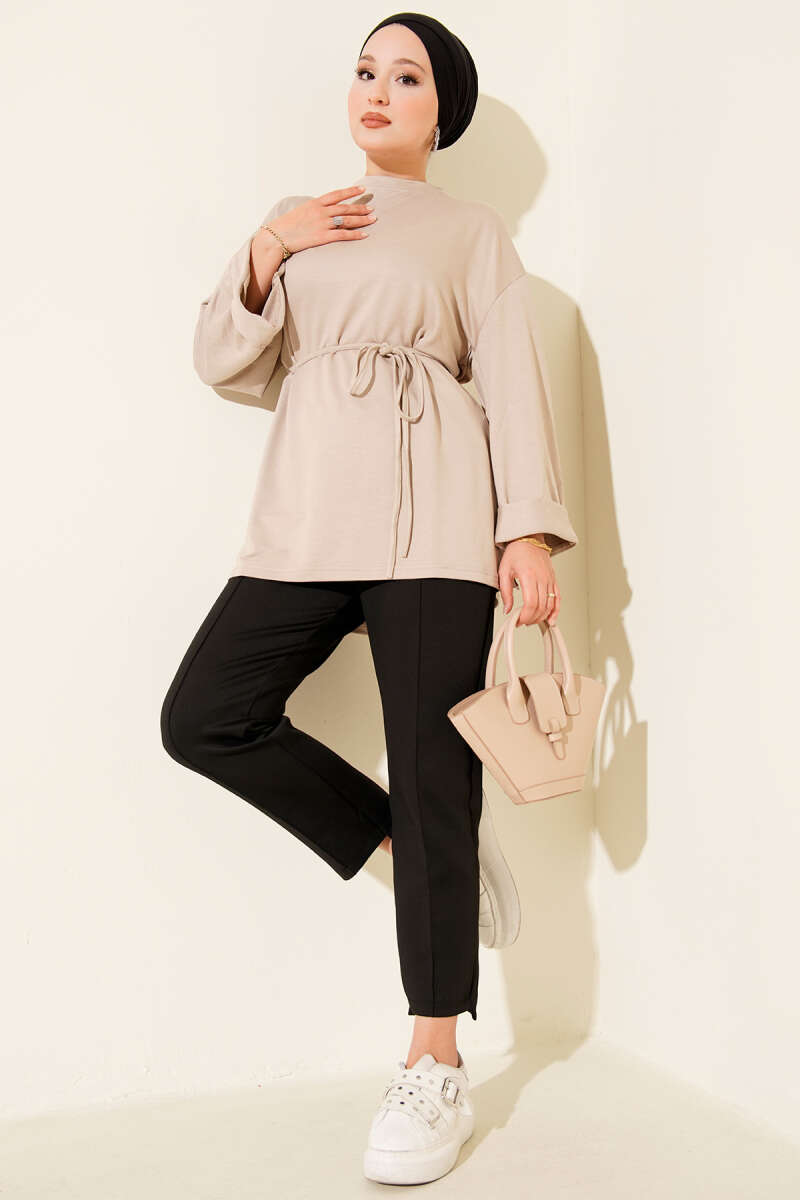 Belted Loycha Tunic with Side Slits - Stone