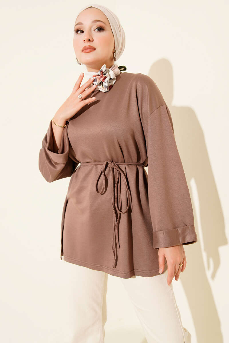 Belted Loycha Tunic with Side Slits - Mink