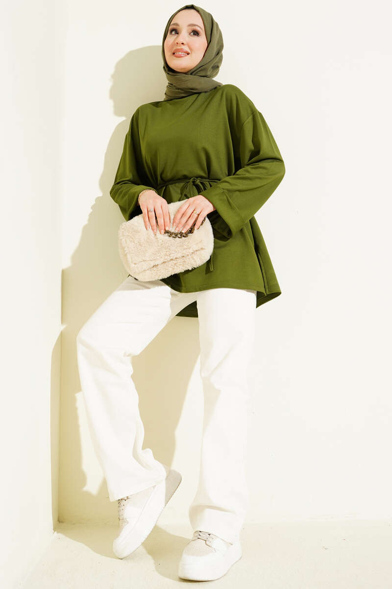 Belted Loycha Tunic with Side Slits - Green