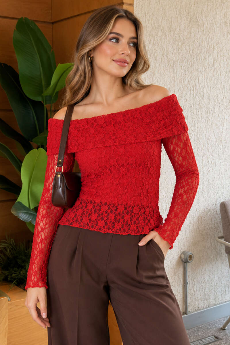 Madonna-Neck Lace Blouse - Red