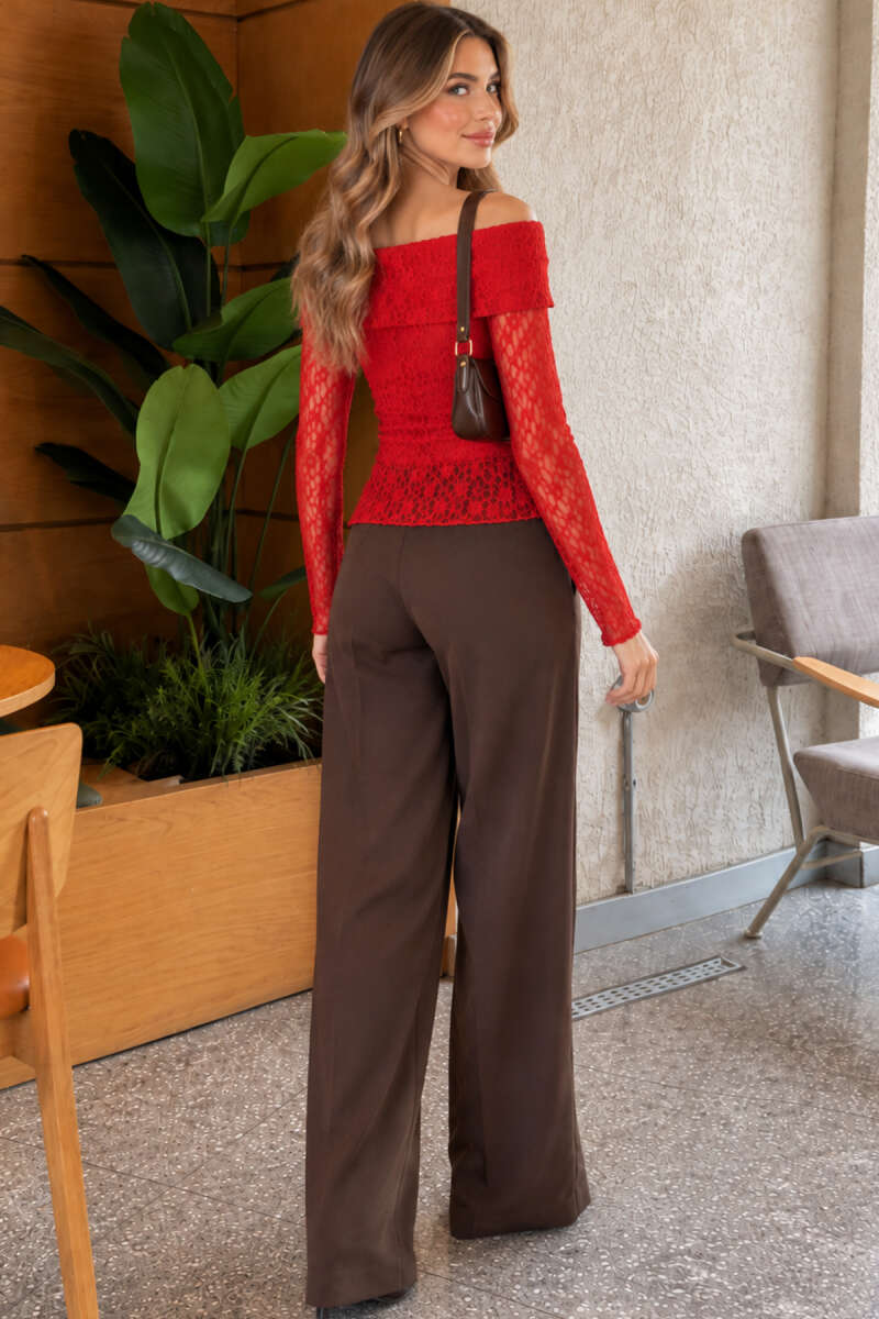 Madonna-Neck Lace Blouse - Red