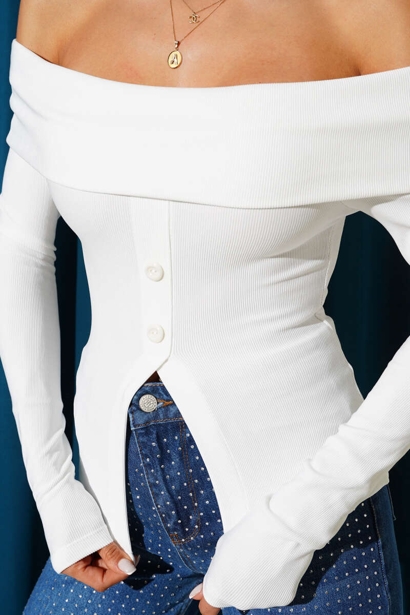Madonna-Neck Button Blouse - White