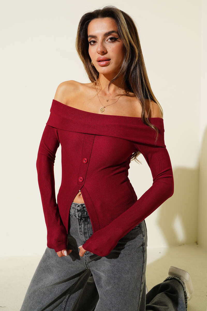 Madonna-Neck Button Blouse - Burgundy