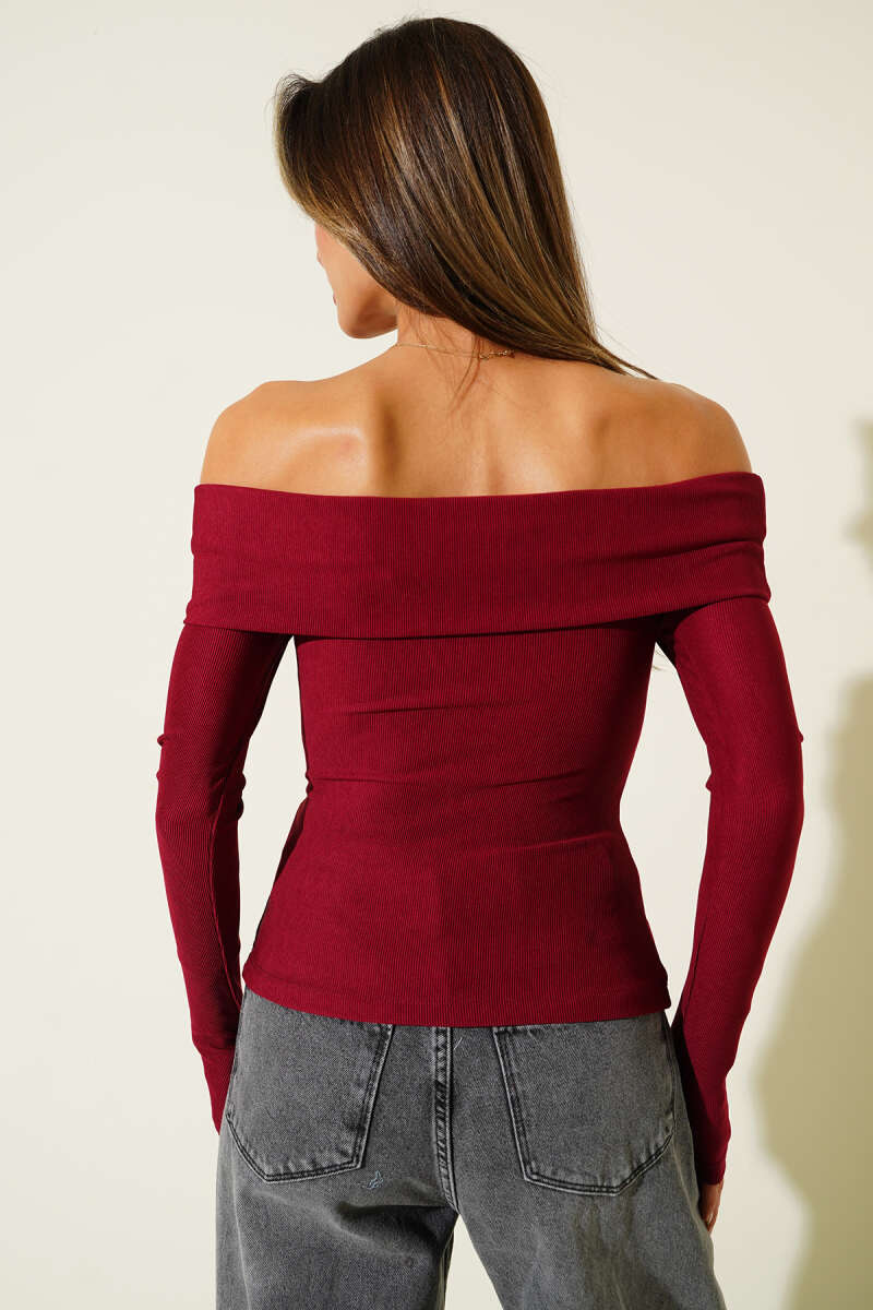 Madonna-Neck Button Blouse - Burgundy