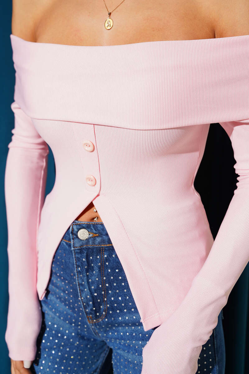 Madonna-Neck Button Blouse - Pink